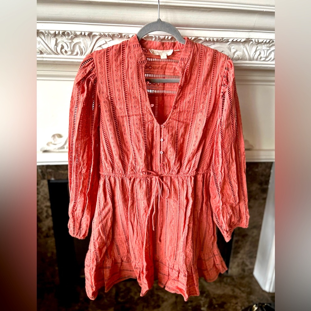 Forever that Girl for Anthropologie peach colored mini dress with tie at waist